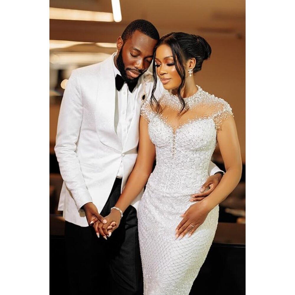 IS-NWT US24W Mermaid Wedding Dress Detachable Train High Neck Gown Cap Sleeve